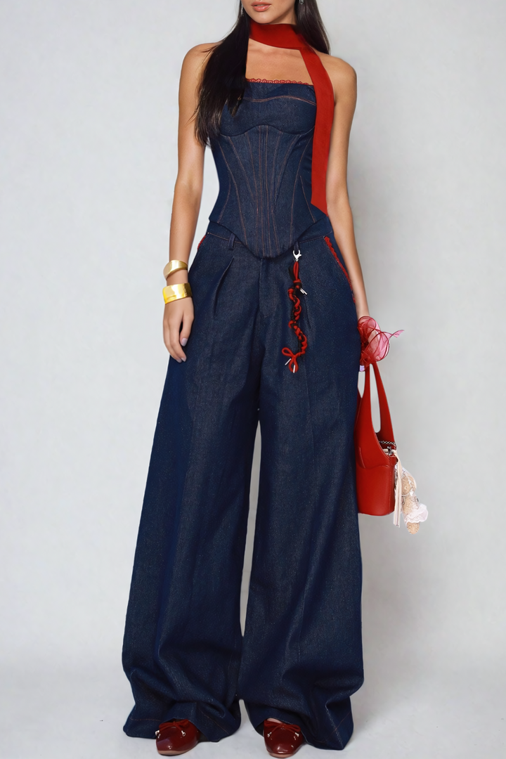 Kyra Strapless Lace Up Denim Set - Stellouette