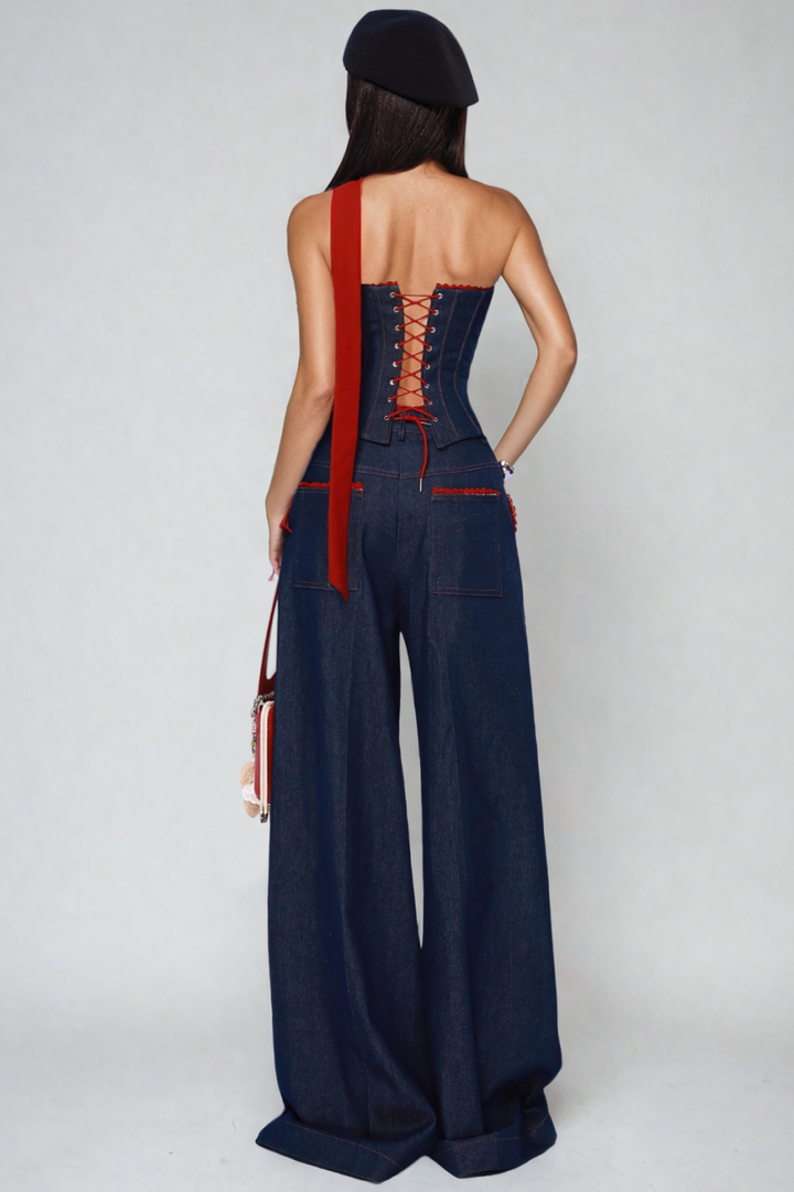 Kyra Strapless Lace Up Denim Set - Stellouette