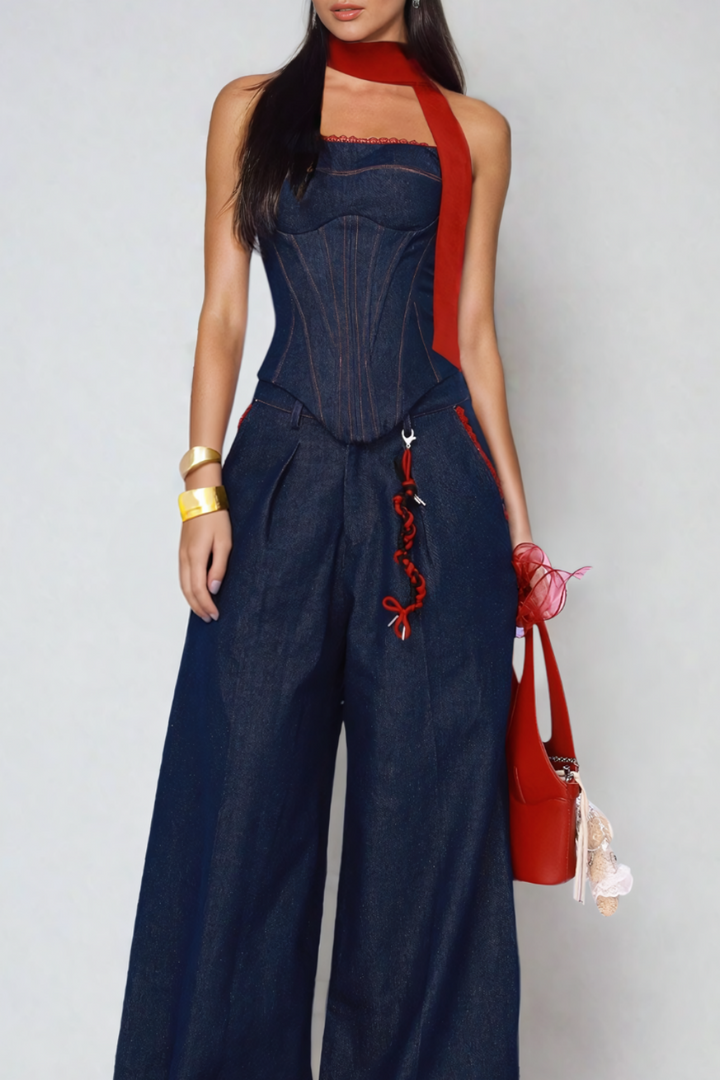 Kyra Strapless Lace Up Denim Set - Stellouette