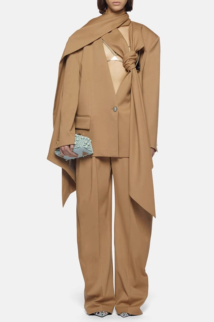 Lana Cutout Asymmetric Blazer and Pants - Brown - Stellouette