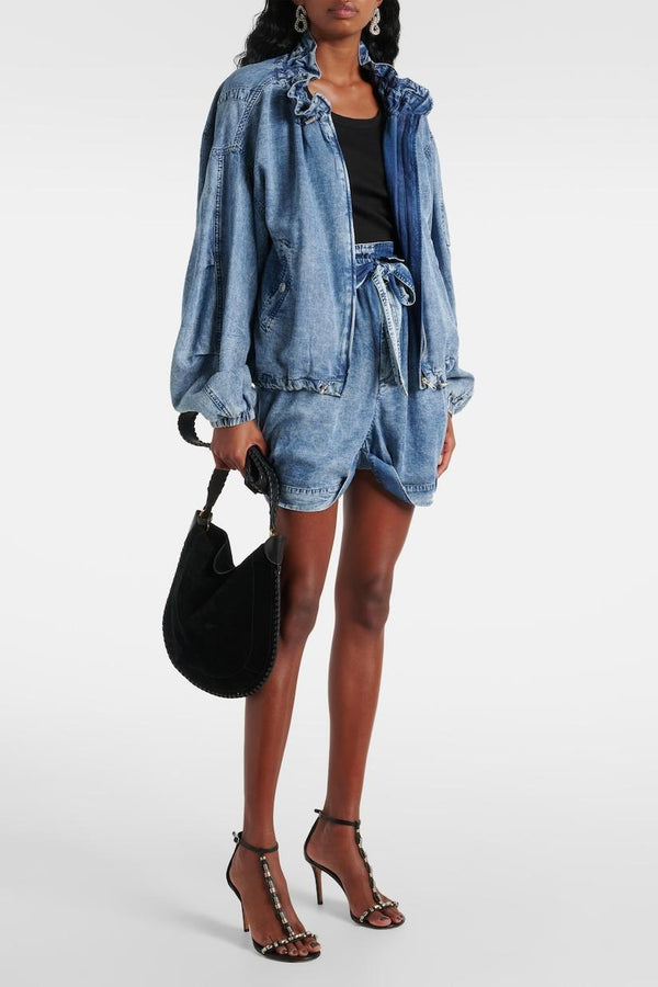 Lmara Drawstring Petal Collar Denim Jacket - Stellouette