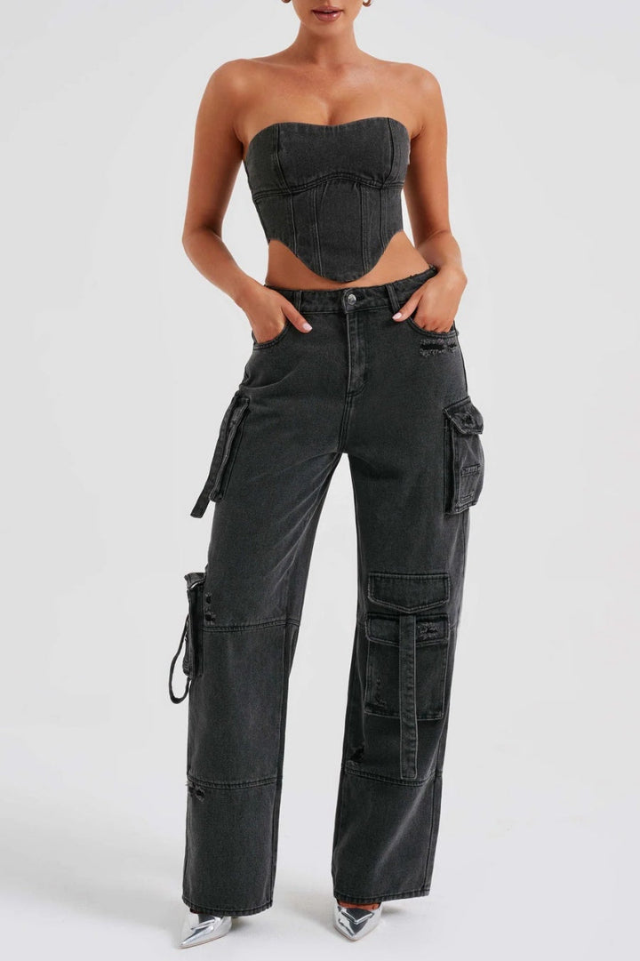 Lyric Cargo Denim Set - Black - Stellouette
