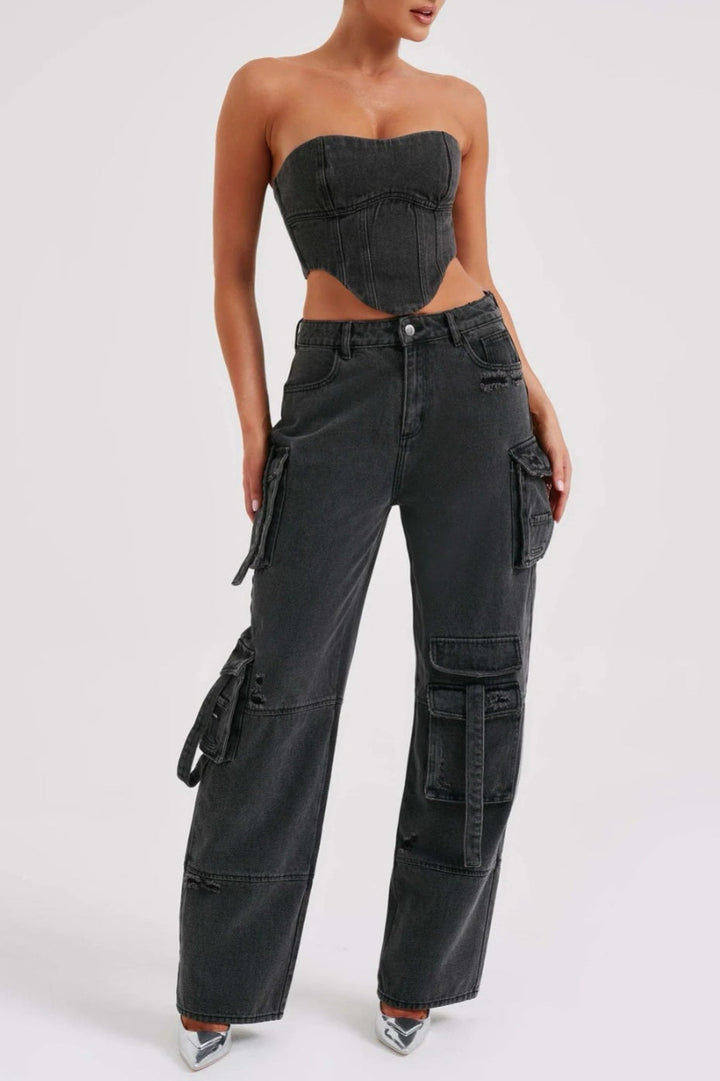Lyric Cargo Denim Set - Black - Stellouette
