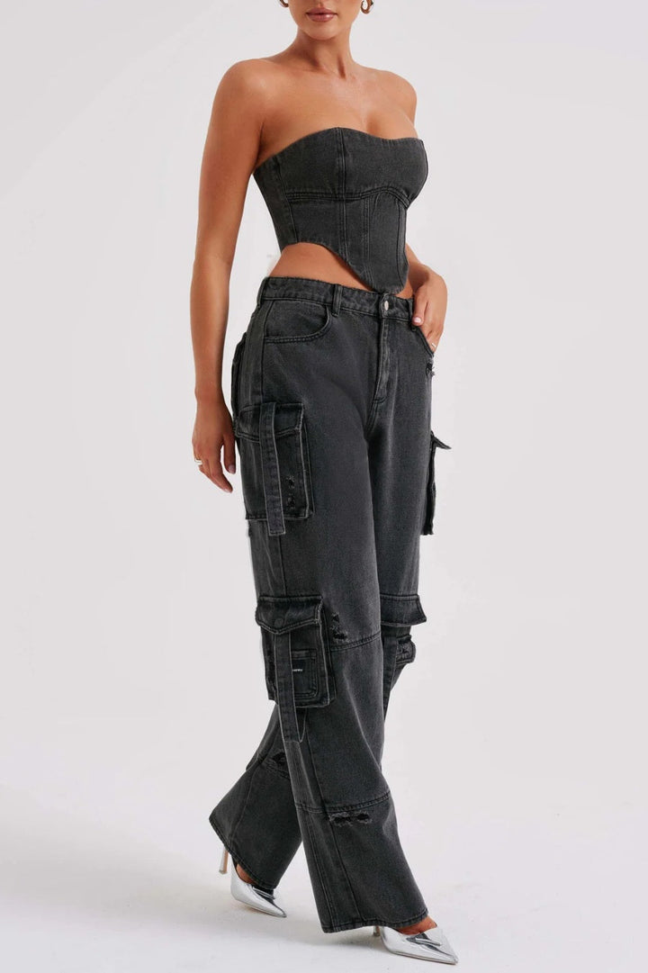 Lyric Cargo Denim Set - Black - Stellouette