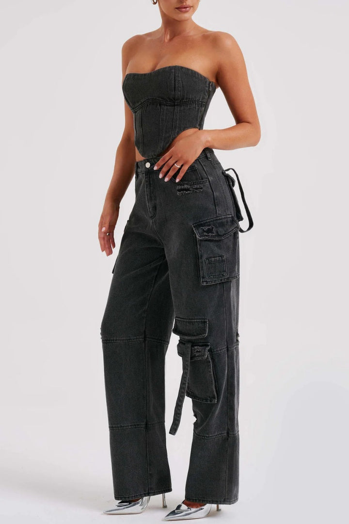 Lyric Cargo Denim Set - Black - Stellouette