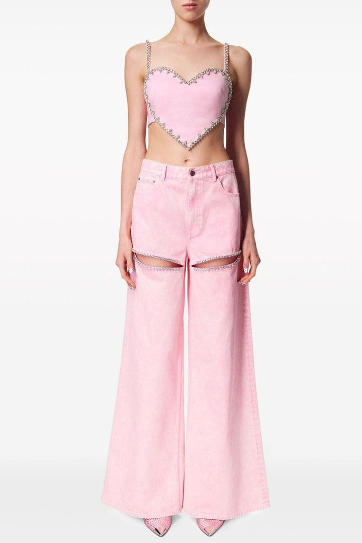 Maeia Rhinestone Cutout Jeans - Pink - Stellouette