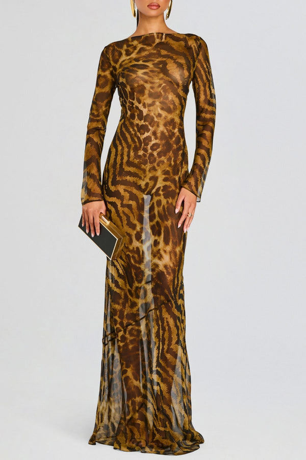 Milada Backless Maxi Silk Dress - Leopard