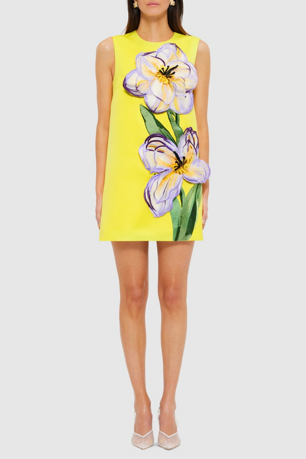 Mimoza Floral Appliqué Strapless Midi Dress - Yellow