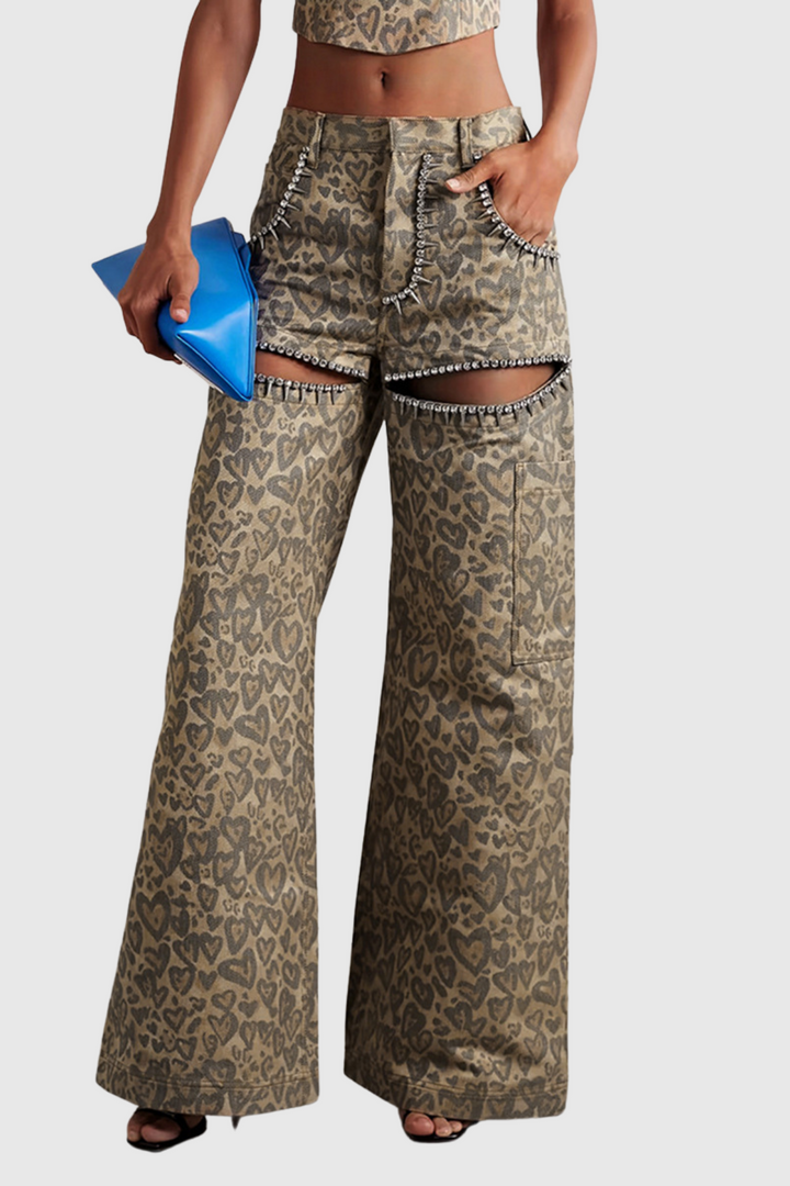 Monica Leopard Rhinestone Cutout Jeans - Stellouette