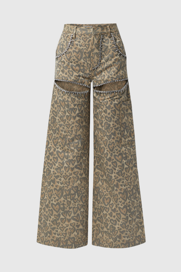 Monica Leopard Rhinestone Cutout Jeans - Stellouette
