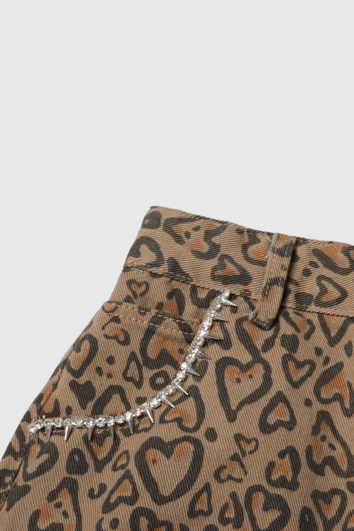 Monica Leopard Rhinestone Cutout Jeans - Stellouette