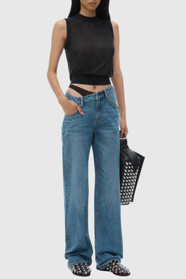 Narwa Asymmetrical Lace Waistband Jeans - Stellouette