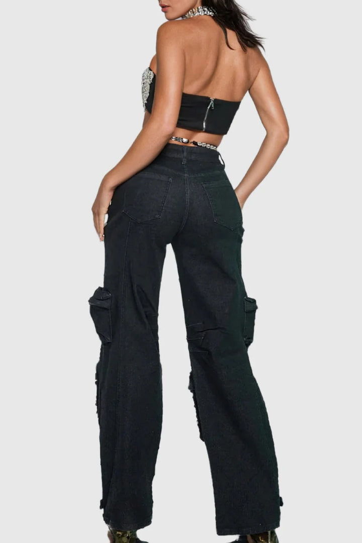 Nimat Rhinestone Cutout Cargo Jeans - Black - Stellouette