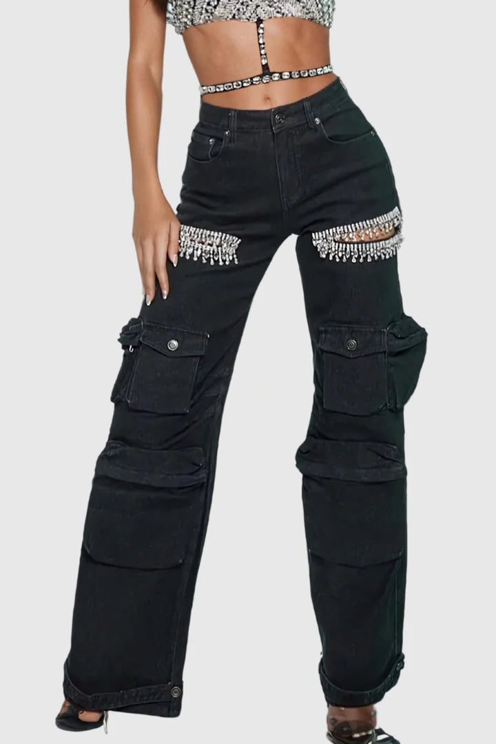 Nimat Rhinestone Cutout Cargo Jeans - Black - Stellouette