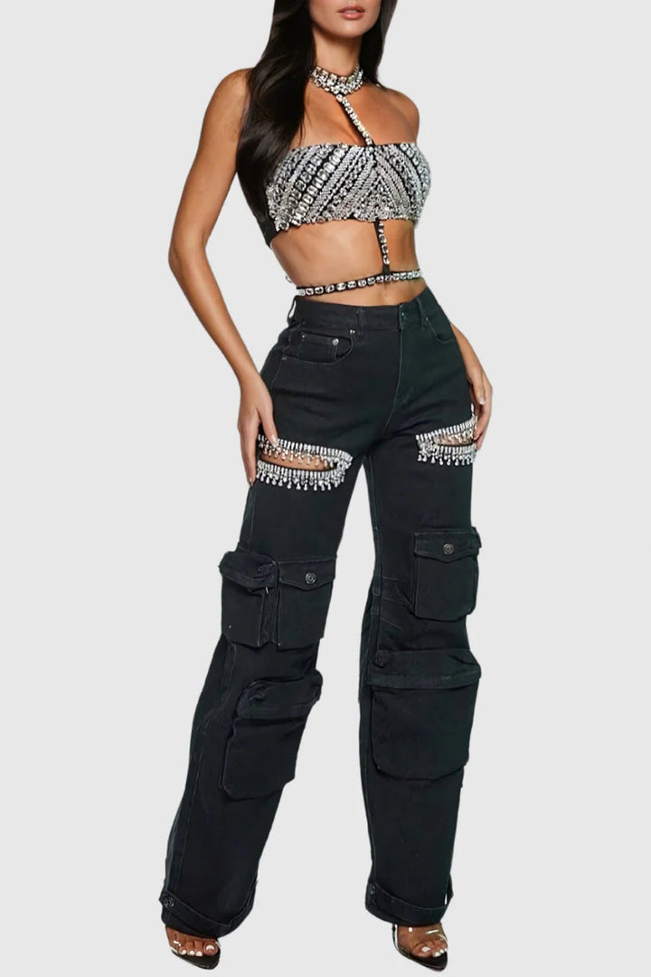 Nimat Rhinestone Cutout Cargo Jeans - Black - Stellouette