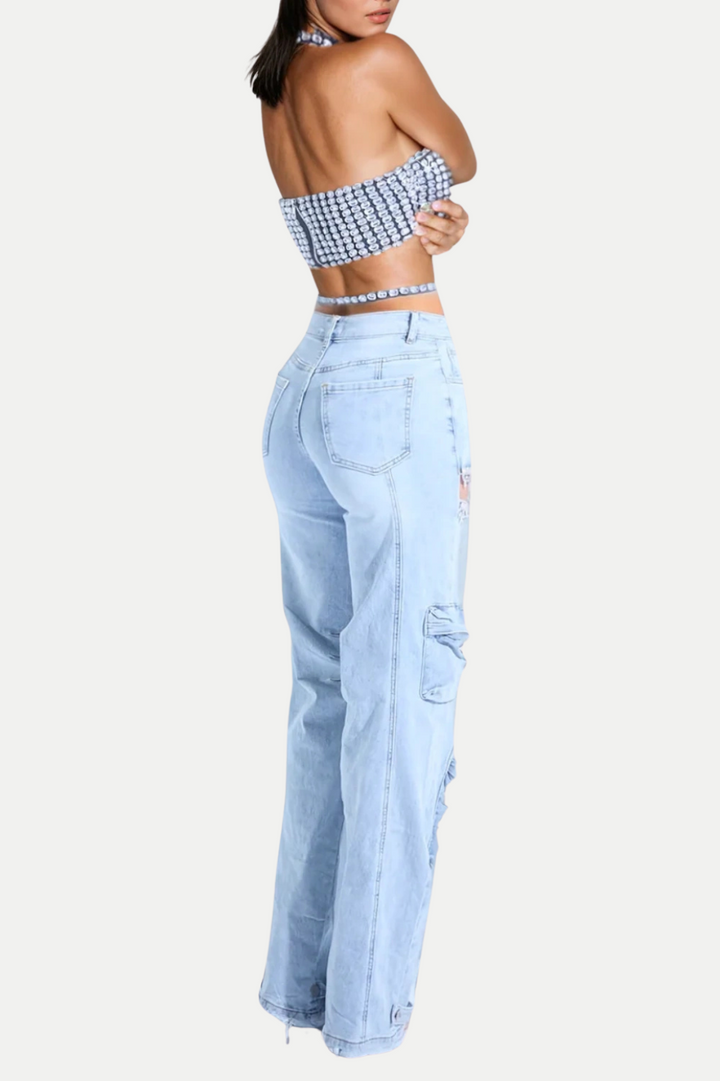 Nimat Rhinestone Cutout Cargo Jeans - Blue - Stellouette