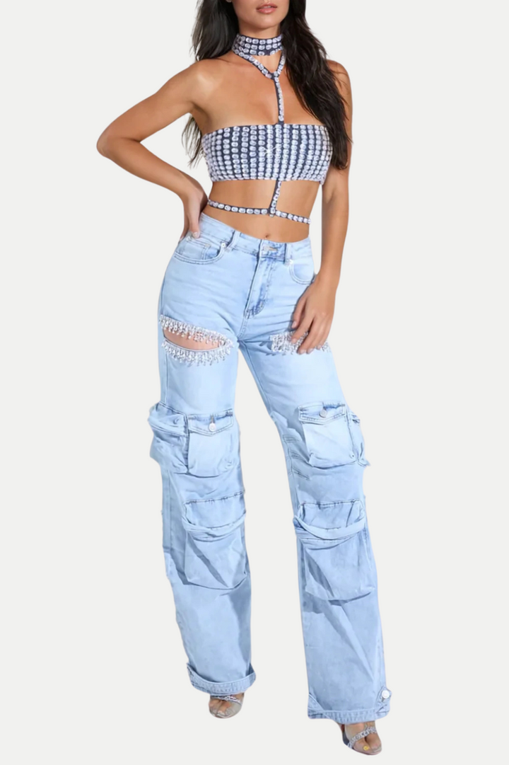 Nimat Rhinestone Cutout Cargo Jeans - Blue - Stellouette