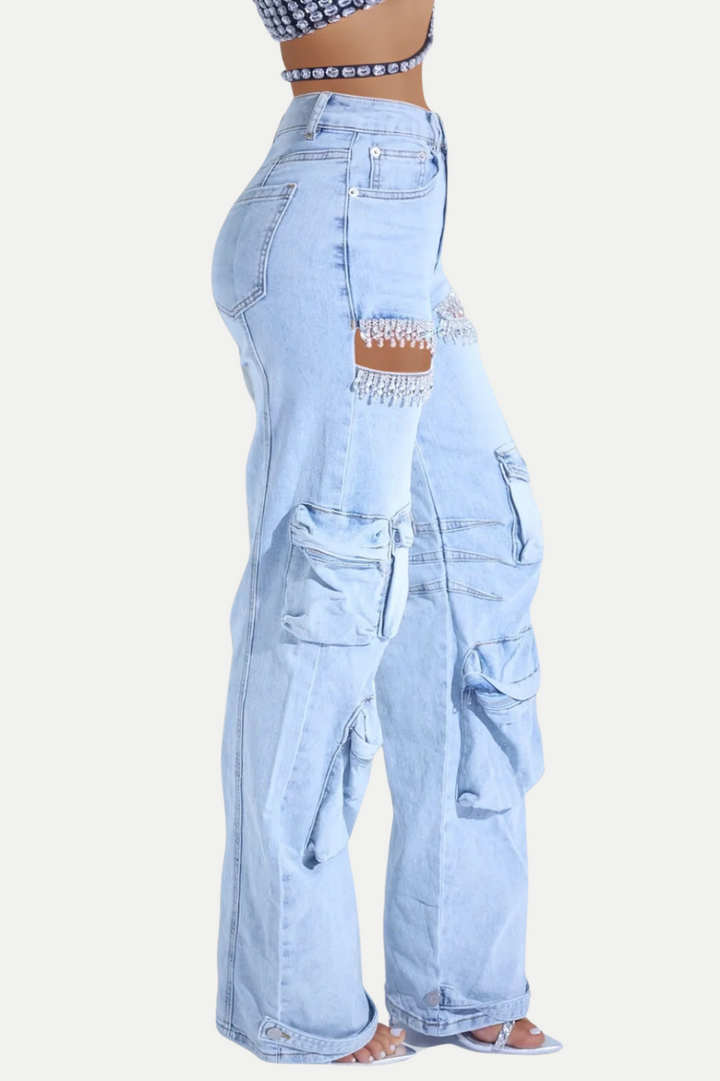 Nimat Rhinestone Cutout Cargo Jeans - Blue - Stellouette