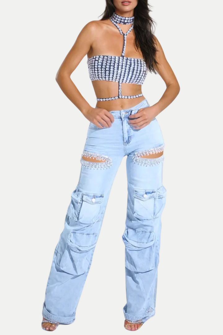 Nimat Rhinestone Cutout Cargo Jeans - Blue - Stellouette