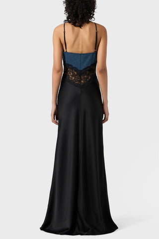 Olathe Denim Lace Satin Maxi Dress - Stellouette