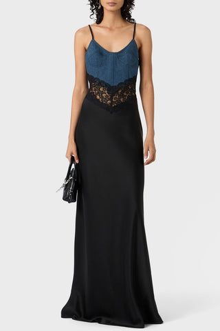 Olathe Denim Lace Satin Maxi Dress - Stellouette