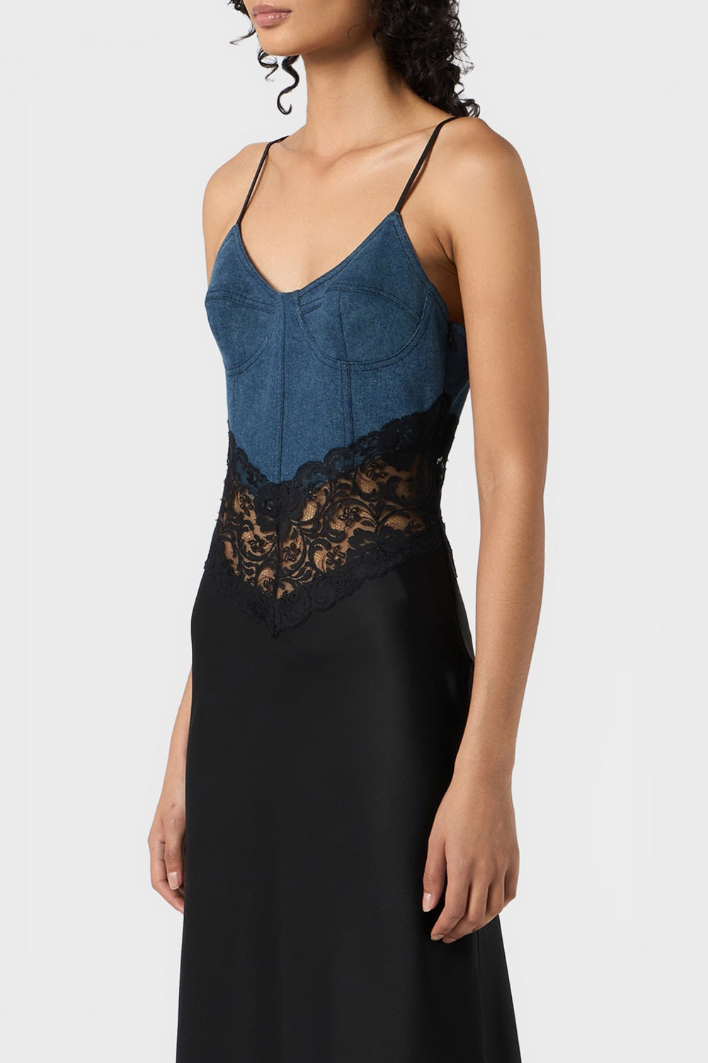 Olathe Denim Lace Satin Maxi Dress - Stellouette