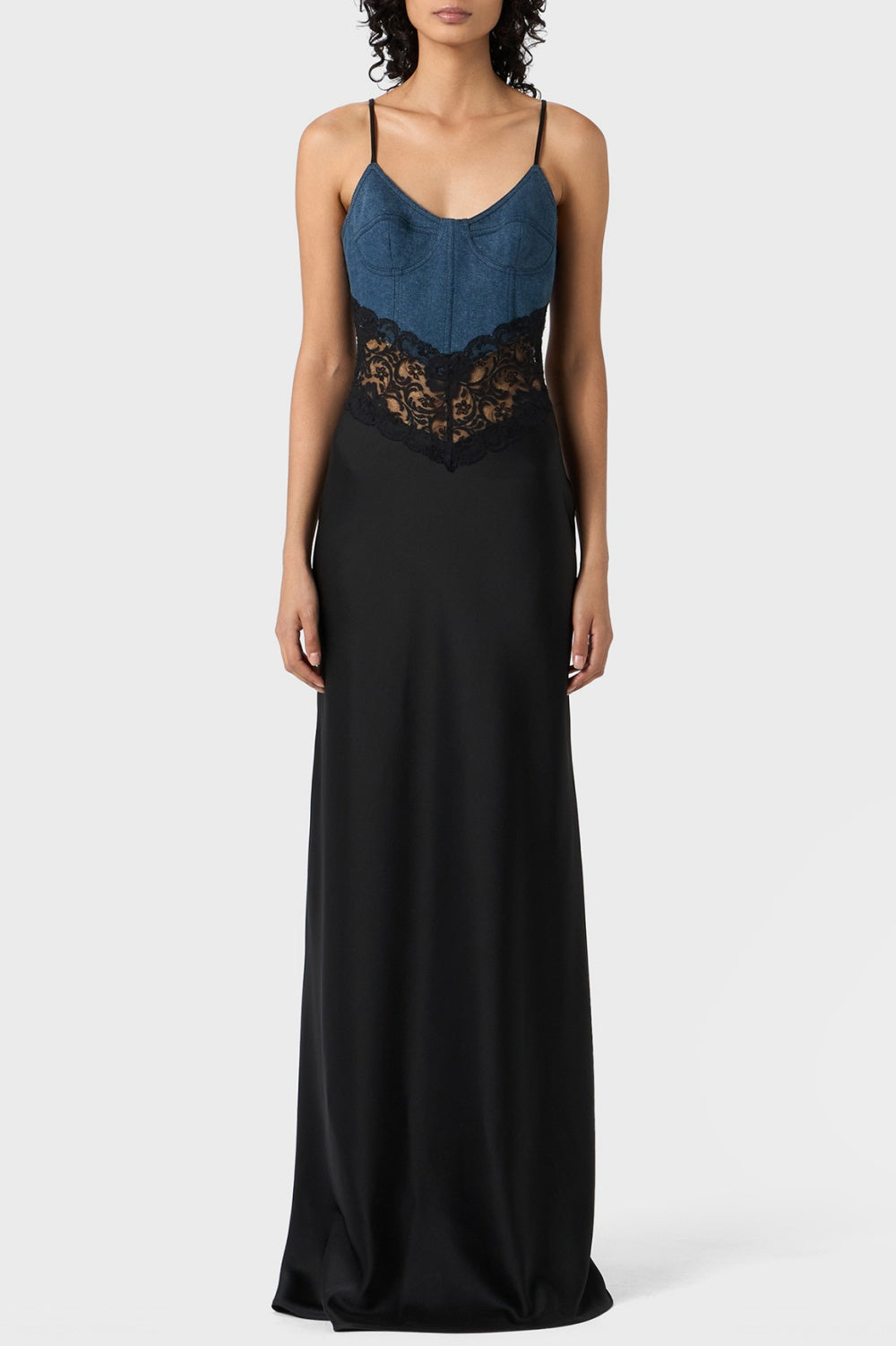 Olathe Denim Lace Satin Maxi Dress - Stellouette