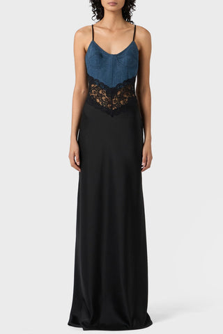 Olathe Denim Lace Satin Maxi Dress - Stellouette