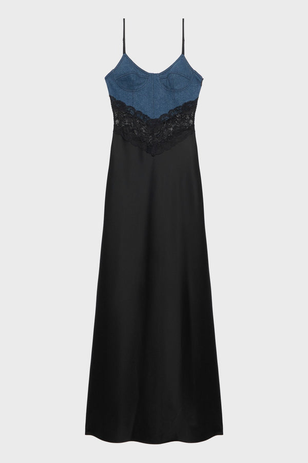 Olathe Denim Lace Satin Maxi Dress - Stellouette