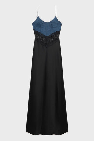 Olathe Denim Lace Satin Maxi Dress - Stellouette