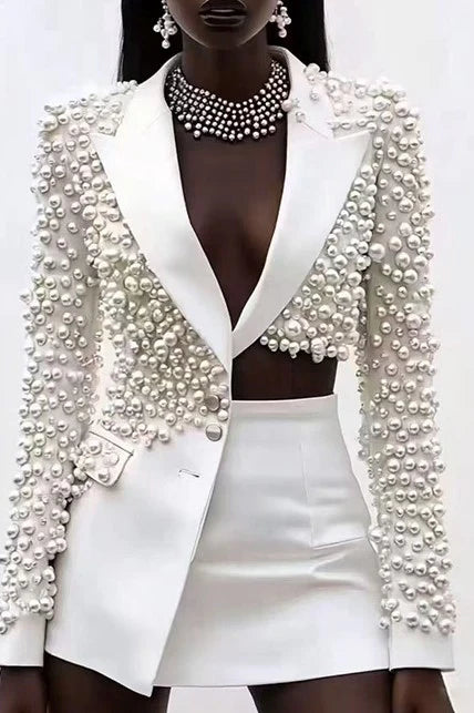Olwa Asymmetrical Pearl Embellished Blazer & Skirt set