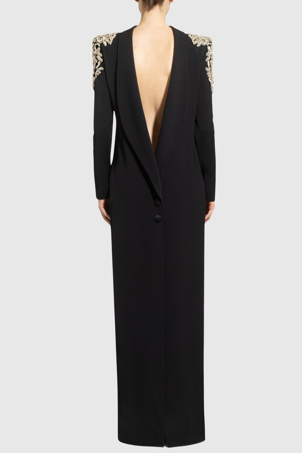 Pietro Crystal Embellished Backless Maxi Blazer Dress