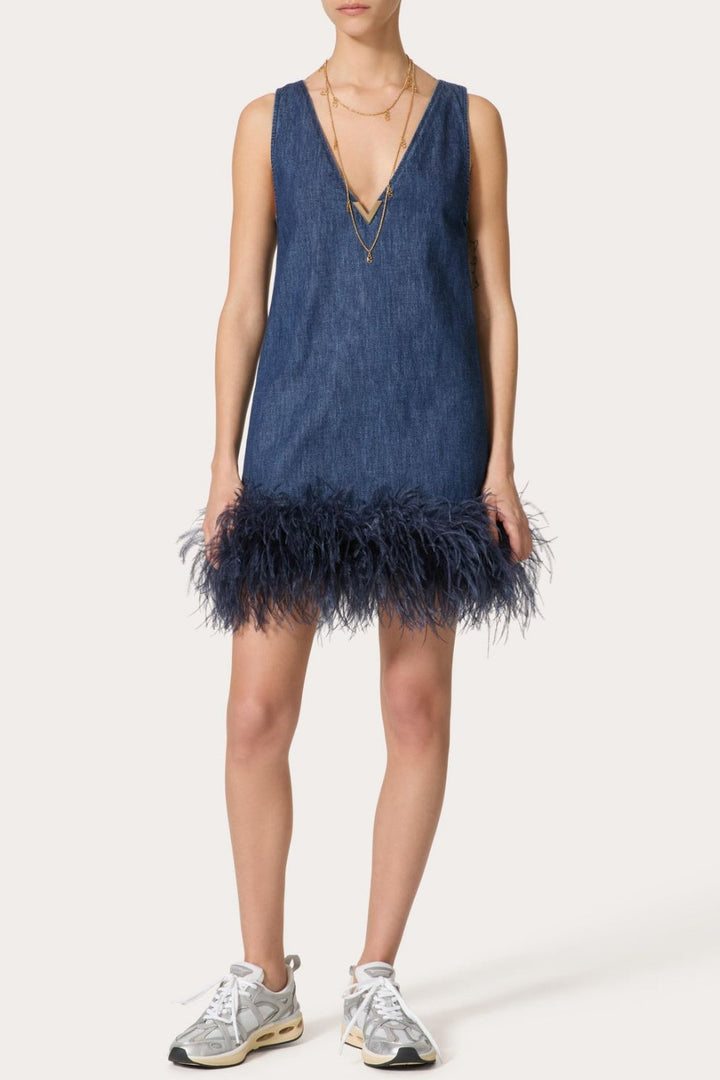 Poppa Feather Trim Denim Mini Dress - Stellouette