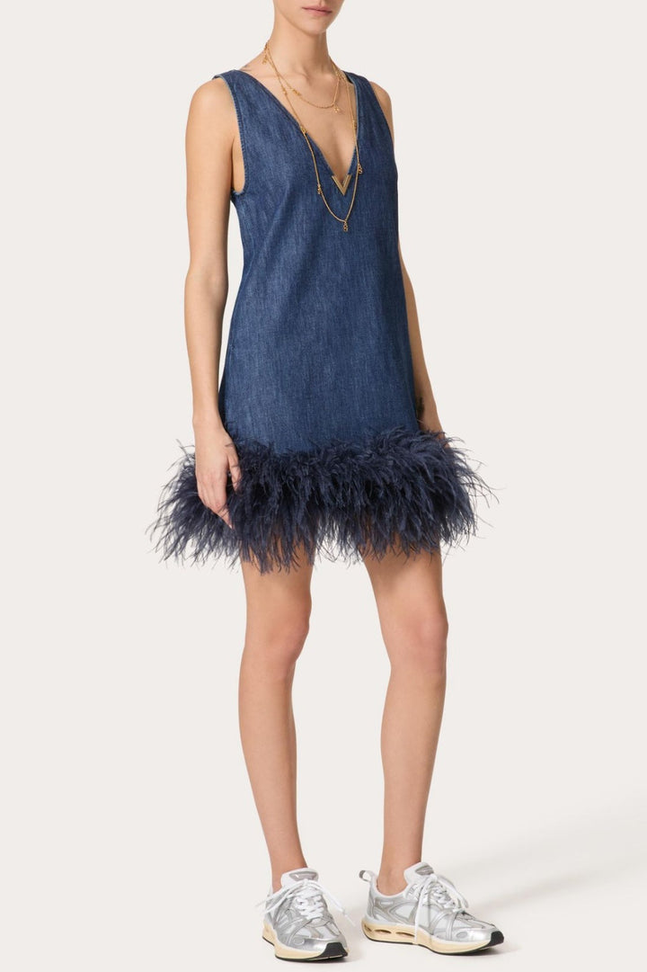 Poppa Feather Trim Denim Mini Dress - Stellouette