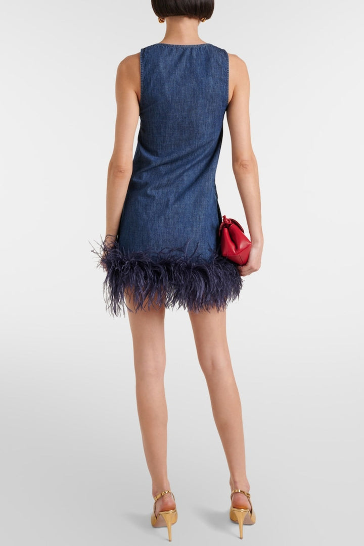 Poppa Feather Trim Denim Mini Dress - Stellouette