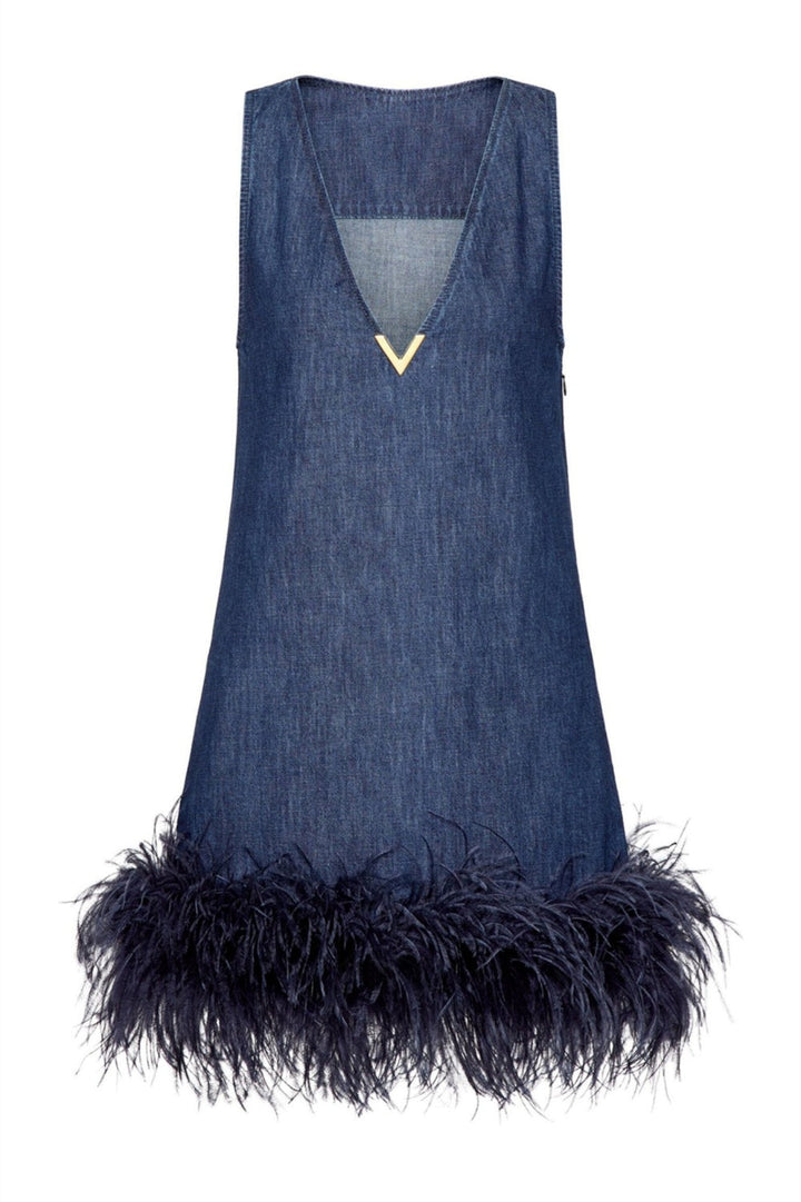 Poppa Feather Trim Denim Mini Dress - Stellouette