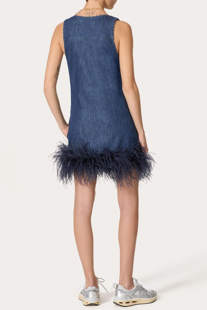 Poppa Feather Trim Denim Mini Dress - Stellouette