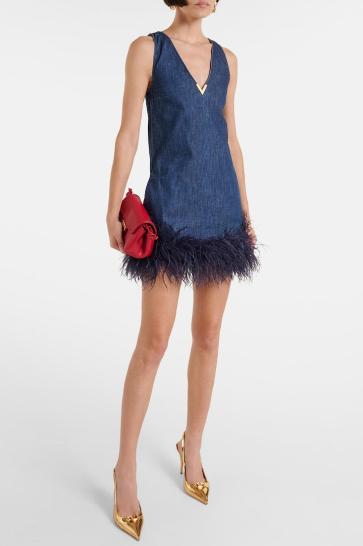Poppa Feather Trim Denim Mini Dress - Stellouette