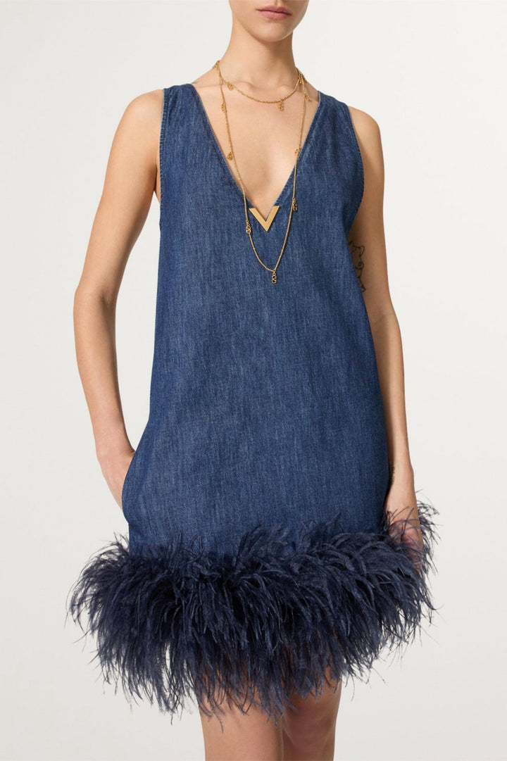 Poppa Feather Trim Denim Mini Dress - Stellouette