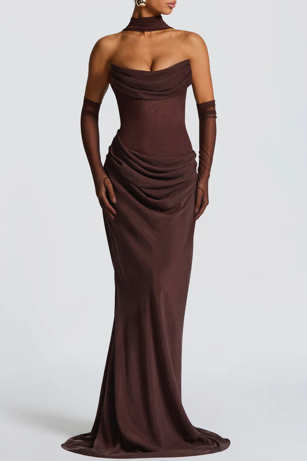 Radana Strapless Corset Satin Maxi Dress - Brown