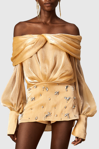 Rahar Gold Off Shoulder Rhinestone Embellished Mini Dress