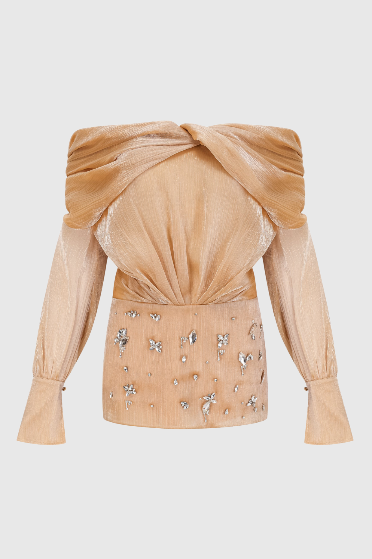 Rahar Gold Off Shoulder Rhinestone Embellished Mini Dress