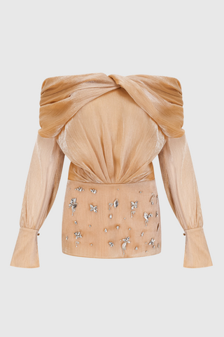 Rahar Gold Off Shoulder Rhinestone Embellished Mini Dress