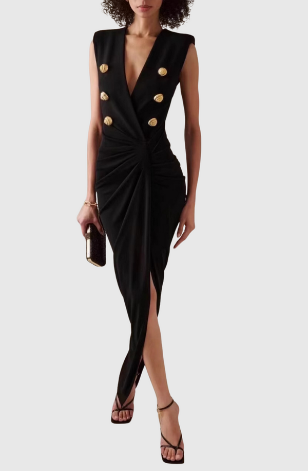 Sedzi Deep-V Sleeveless Ruched Slit Maxi Dress - Stellouette