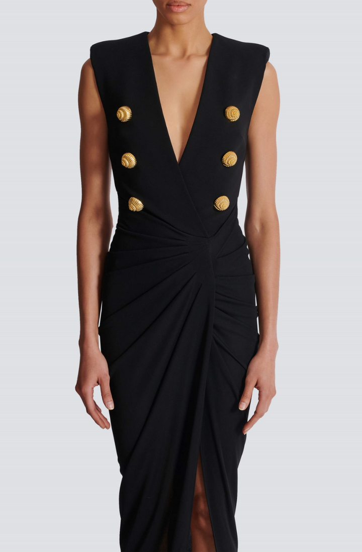 Sedzi Deep-V Sleeveless Ruched Slit Maxi Dress - Stellouette