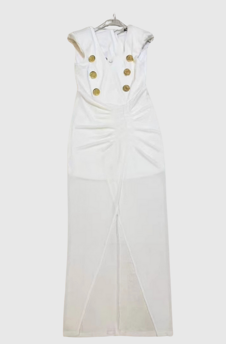 Sedzi Deep-V Sleeveless Ruched Slit Maxi Dress - Stellouette