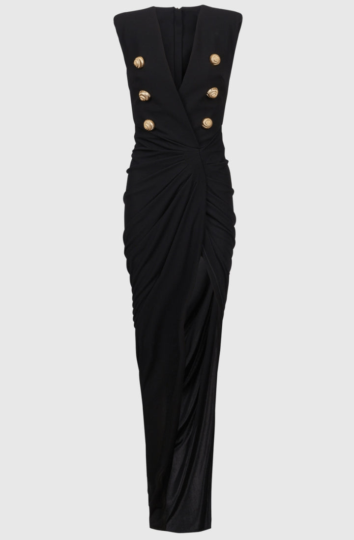 Sedzi Deep-V Sleeveless Ruched Slit Maxi Dress - Stellouette