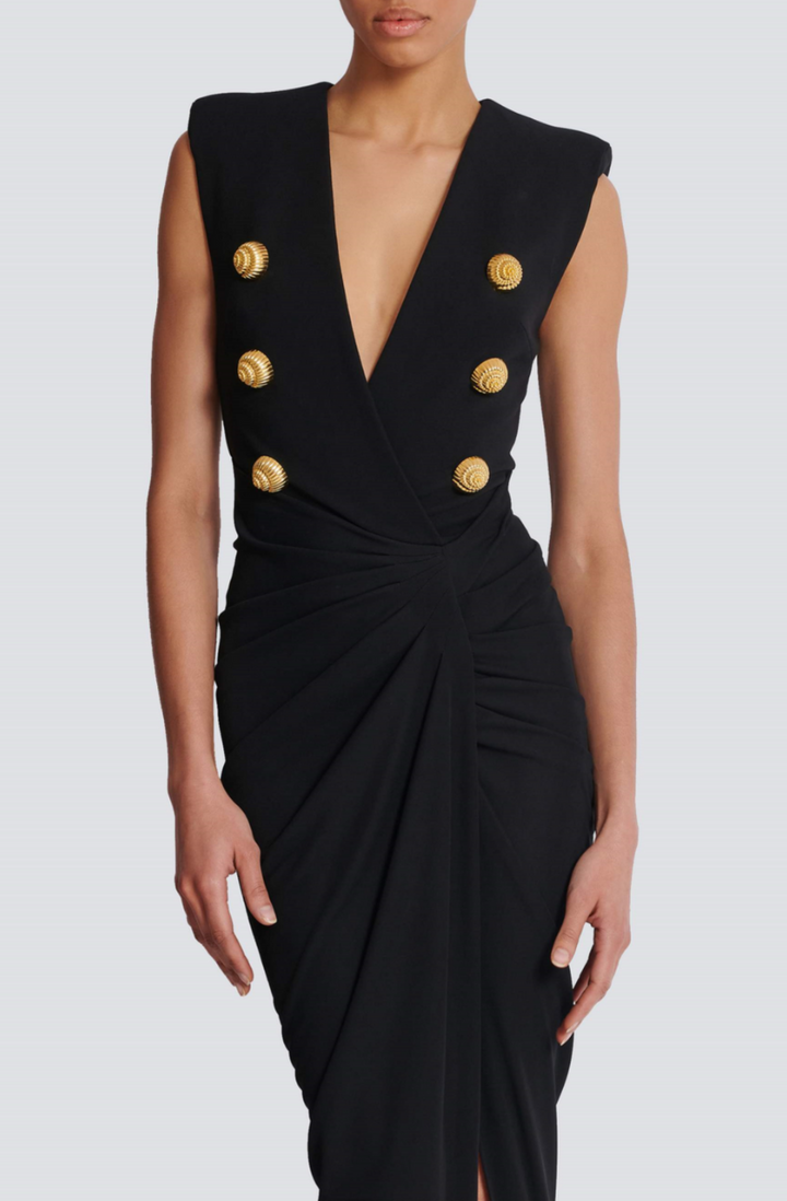 Sedzi Deep-V Sleeveless Ruched Slit Maxi Dress - Stellouette
