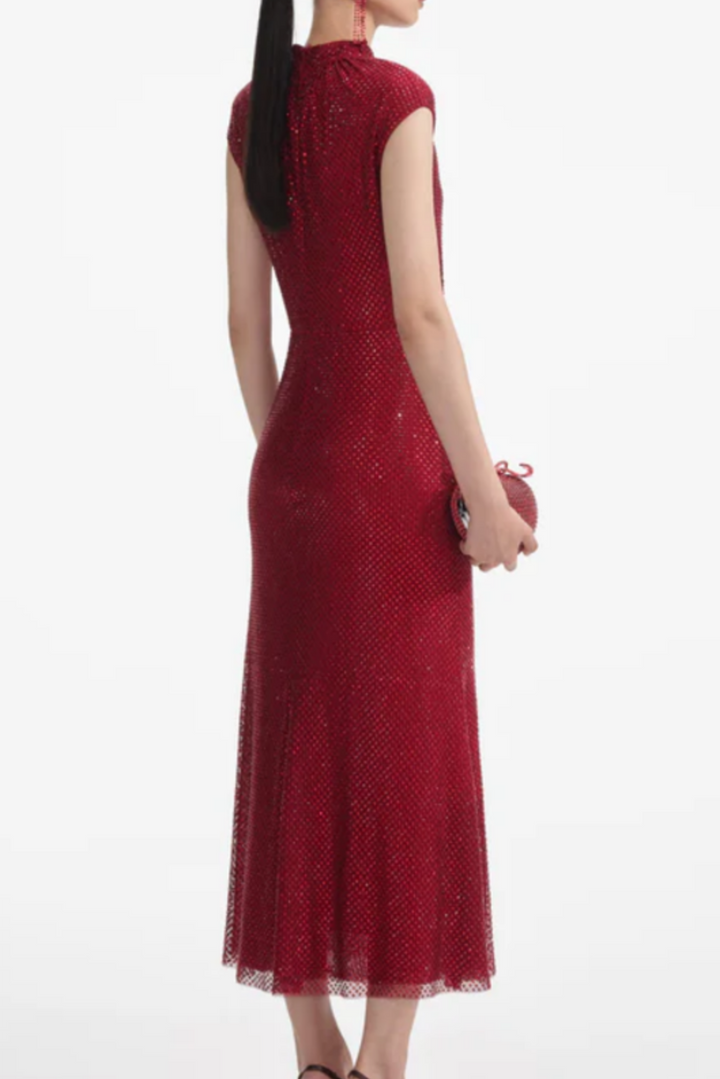 Sharrie Flower Rhinestone Embellished Fishnet Midi Dress - Stellouette