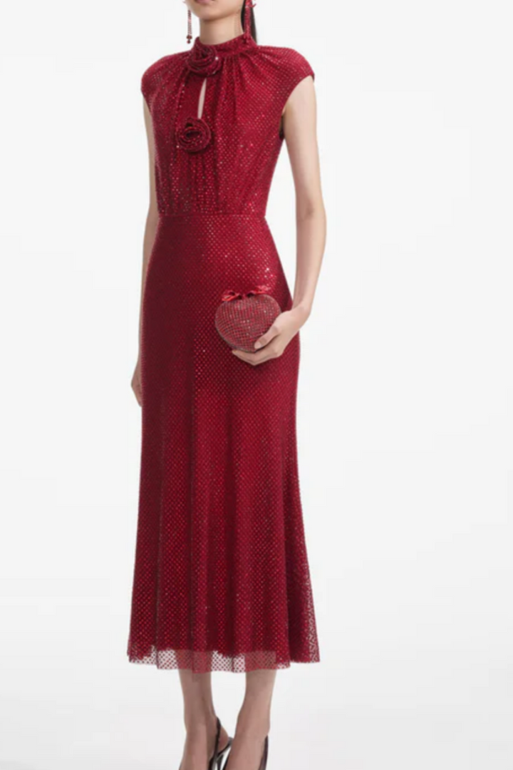 Sharrie Flower Rhinestone Embellished Fishnet Midi Dress - Stellouette
